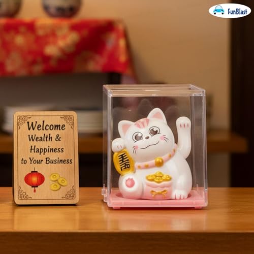 Image of FunBlast Maneki Neko Lucky Cat, Waving Arm Solar Powered Good Luck Wealth Welcoming Display Car Decor Paw Up with Arm, Decor Item for Home, Office and Car (Pink)