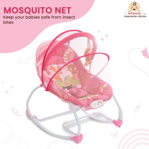 Image of INFANTSO Baby Rocker & Bouncer for 0 to 2 Years, Portable Chair for Newborn with Mosquito Net, Calming Vibrations, Soft Music & Hanging Toys, Adjustable Toddler Swing (Pink)