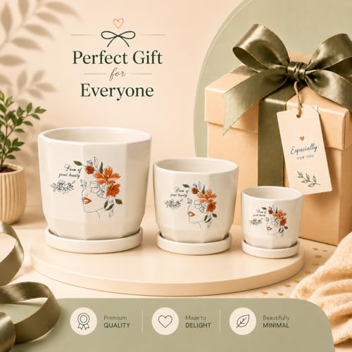 Image of Xtore Artistic Floral Face Ceramic Planter Set with Drainage Saucers | Decorative Planter Pot for Living Room, Balcony & Contemporary Plant Styling (Set of 3, Ivory Beige - Planters only)