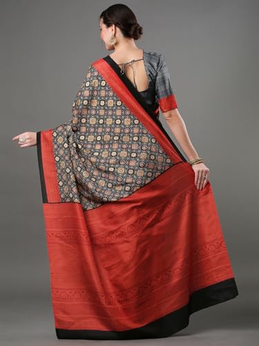 Image of AKHILAM Women's Ajrak Block Print Soft Dola Silk Saree With Unstitched Blouse Piece