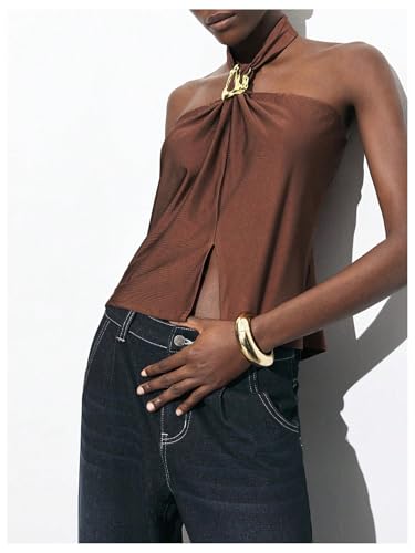 Milumia Women's Metal Backless Halter Top Ruched Split Hem Sleeveless Casual Tops2