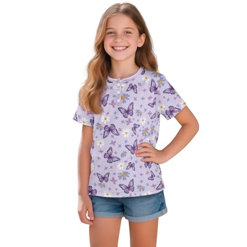 YORXINGY Butterfly Short Sleeve T Shirts for Girls 3-4Y Novelty Kids Casual Tops Summer Blouses Holiday Athletic Tees Henley Collar Basic Top for Travel/Running/Spring/Fall