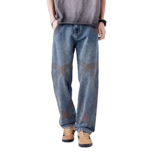 Men’s Baggy Jeans Wide Leg Elastic Cuff Denim Pants with Geometric Cross Stitch Detail Vintage Washed Finish
