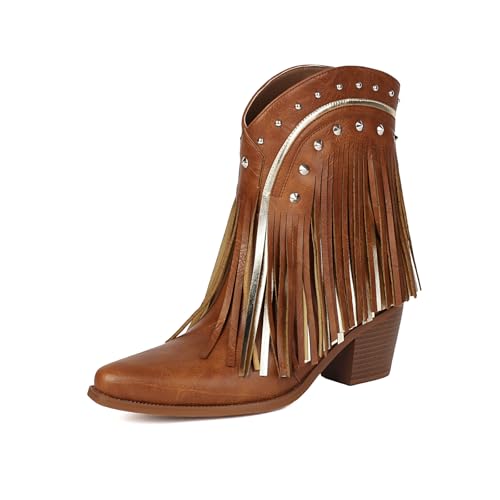 Image of Women's Western Ankle Booties Pointed Toe Cowgirl Boots with Fringe Tassels or Sparkly Rhinestone Fashion Short Boots for Casual Daily Wear