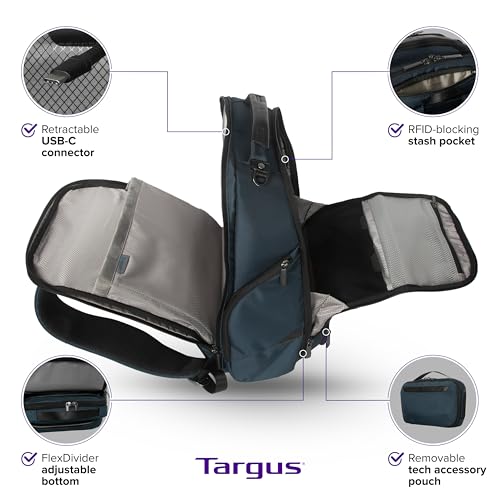 Image of Targus HeritageLuxe Backpack 15-16 inch - Blue Laptop Bag with SafeSling Protection, RFID Pocket, USB-C Charging, Tracker Slot, Eco Fabric, Leather Accents - TBB65602GL