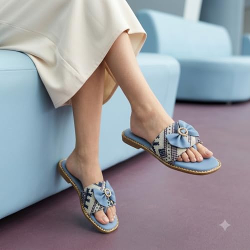 Image of Women's Printed Bow Detail Flat Sandals | Casual Comfort Slippers for Girls