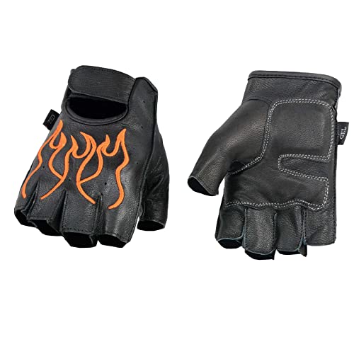 Image of Milwaukee Leather SH198 Men's Black Flame Embroidered Fingerless Gloves with Gel Palm | Padded Comfort; Vibration Relief; Flame Embroidery