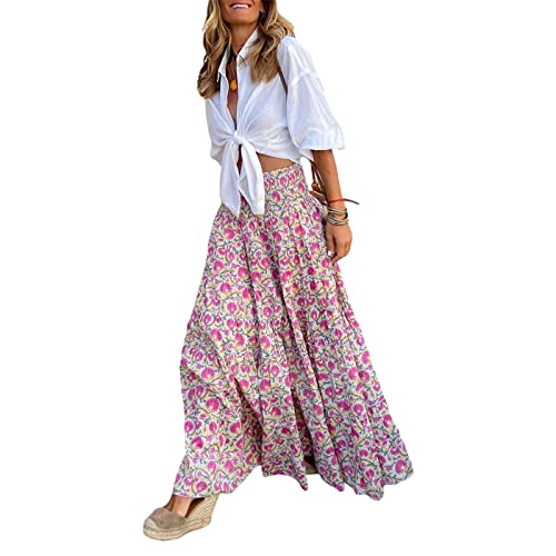 Womens Flowy Maxi Skirt Vintage Floral Print High Waist Elastic A Line Boho Beach Holiday Long Skirts2
