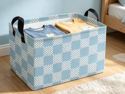 Image of Essme Rectangular Grid Baskets,Blue Storage Box,Cute Basket with Handles for Room Decor, Book Bins.(Blue grid)