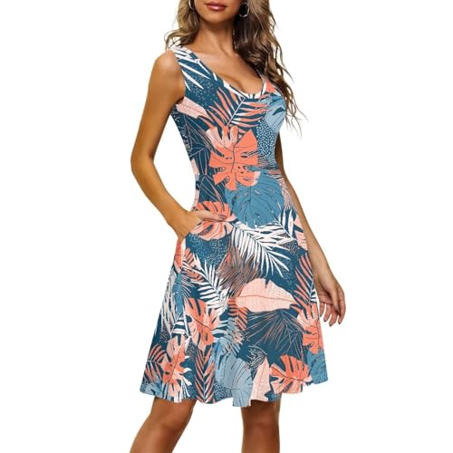 Image of Women's Casual Loose Sundress Midi Sleeveless Crewneck Dress Summer Beach Tank Dress with Pockets
