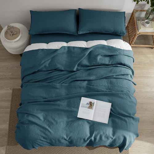 EVERLY Linen Queen Sheets Set, 100% Stonewashed French Linen Bed Sheets Deep Pocket Sheets, 4 Pieces (1 Flat Sheet, 1 Fitted Sheet, 2 Pillowcases) Natural Flax Bedding Set-Graphite Blue
