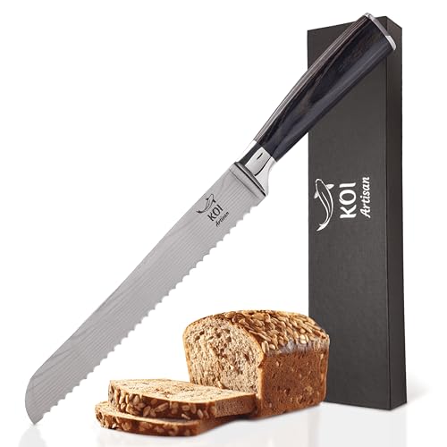 Koi Artisan - Coltello da pane grande, con lama affilata da 20,3 cm, in acciaio inox ad alto tenore di carbonio, modello di coltello damasco, design ergonomico
