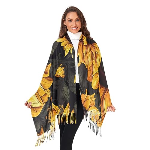 Vnurnrn Cashmere Feel Scarf for Women, Soft Warm Single-sided Black Yellow Sunflower Print, Fashion Pashminas Shawl Wrap Large Size with Tassels