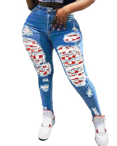 Women's Ripped Plaid Patchwork Stretchy Skinny Jeans High Waisted Slim Curvy Denim Pants3