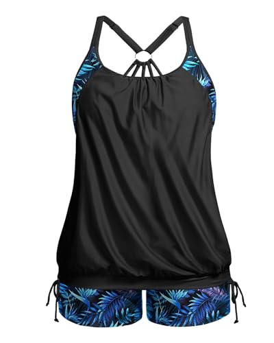 Image of Holipick Plus Size Tankini Swimsuits for Women Two Piece Tummy Control Bathing Suit Blouson Tankini Top with Shorts