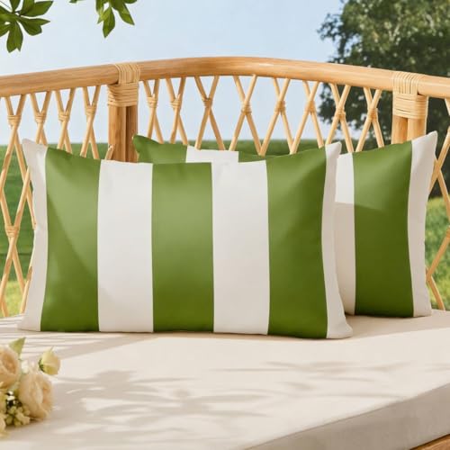 Image of Allorry Outdoor Pillow Covers 12x20 Set of 2 Olive Green Striped Decoration Throw Pillow Covers for Spring Summer Outdoor Waterproof Garden Patio Furniture Sofa Bed Home Decor JB007-B12