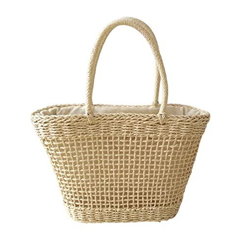 SM SunniMix Bolsa de mão casual de palha com alça superior para viagem, férias, verão, bege