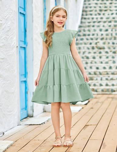 Arshiner Girls Summer Flutter Short Sleeve Sundress Smocked Elastic Waist Tiered Midi Dress with Pockets4