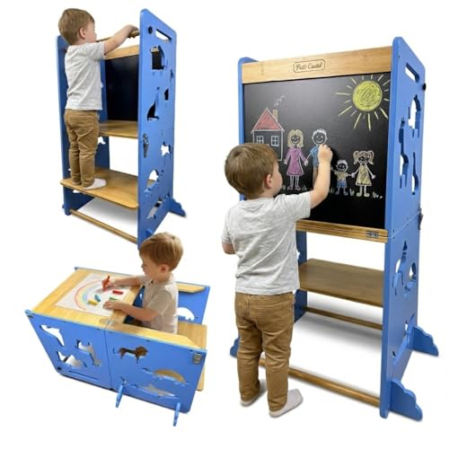 PETIT CASTEL Torre de Aprendizaje Montessori 3 en 1 para niños, Fabricada en bambú Natural, Convertible en un práctico Escritorio con Pizarra, Muy Segura y educativa, en Color Azul