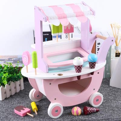 ORIGHT Wooden Ice Cream Cart Toy, Handcrafted Endless Play Time for Kids, Food Truck, Different Flavor Ice Cream Cones, Four Wheelers, Scoop, lollipop, Gift for Girls And Boys 3 Years And Up