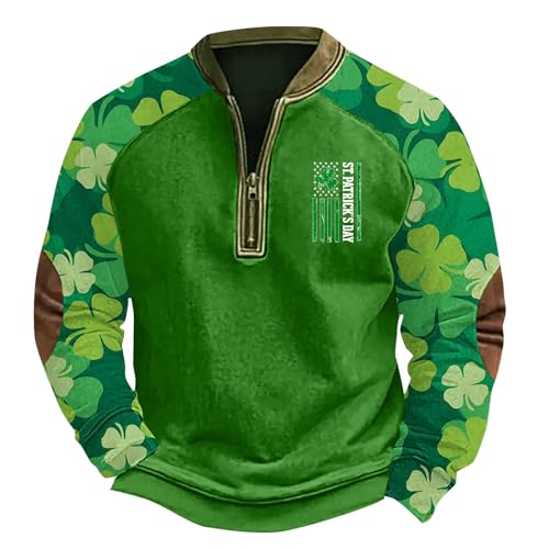 generisch Sudadera para hombre San Patricio Día Suéter Verde Trébol Estampado 1/4 Cremallera Jersey Botón Abajo Henley Camisas Vintage Holgado Casual Invierno Jersey Ejército Militar Moda Ropa