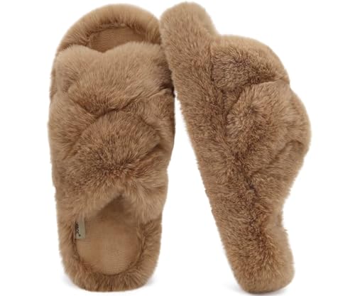 COFACE Women's Fluff Slippers Open Toe Fuzzy Faux Fur Ladies House Fashion Cross Band Platform Slide Shoes with Comfort Arch Support, Indoor Outdoor Sole,Khaki Size 8