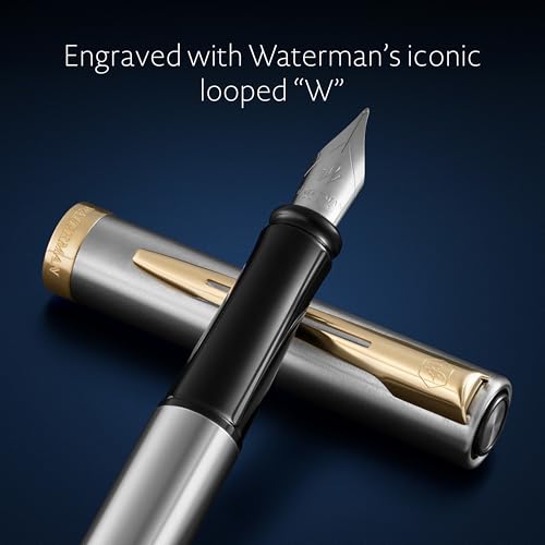 Waterman Impression Wieczne pióro | Średnia stalówka z niebieskim wkładem | Stal nierdzewna z pozłacanymi wykończeniami | Pudełko upominkowe