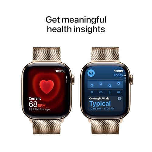Image of Apple Watch Series 11 [GPS + Cellular 42mm] Smartwatch with Gold Titanium Case with Gold Milanese Loop. Sleep Score, Fitness Tracker, Health Monitoring, Always-On Display, Water Resistant