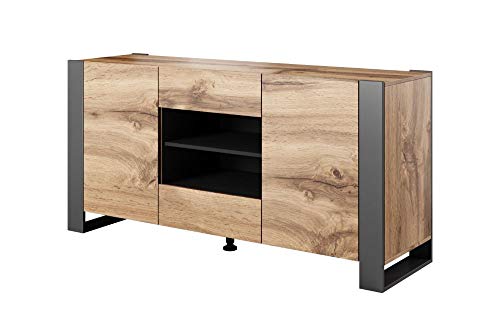 Commode NUNKI 164 cm Buffet haut Armoire Wotan Chêne Anthracite 2 étagères 2 tiroirs Cover
