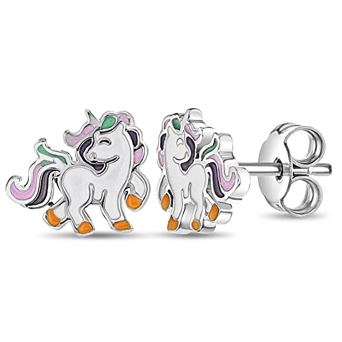 925 Sterling Silver Multicolor Enamel Rainbow Unicorn Stud Earrings for Little Girls and Preteens - Dress Up Unicorn Stud Earrings - Birthday Jewelry Gifts