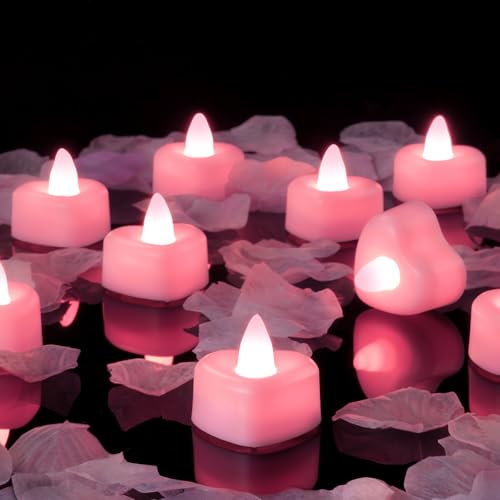 Image of Amagic 1000 Pieces Pink Artificial Rose Petals with 12 Pink Heart LED Tea Lights, Rose Petals and Candles Set for Proposal, Anniversary, Romantic Night, Wedding Decor