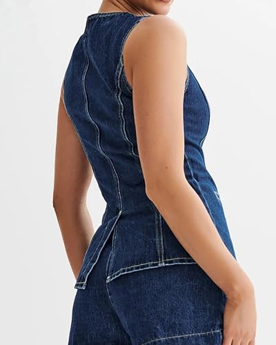 Women's Denim 2 Piece Set Sleeveless Button Down Denim Blazer Vest Tops and High Waist Short Casual Waistcoat Jean Vest Set4