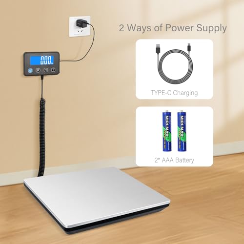 Anesty Digitale Paketwaage bis 200kg, Edelstahl Plattformwaage Briefwaagen mit LCD-Display, Hold/Tara Funktion, Batterien & USB Stromversorgung - Ideal für Pakete, Gepäck, Lager & Postämter