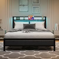 MOFLUT King Size Bed Frame with Upholstered Headboard, Wooden Storage Headboard Shelf, 5ft Upholstered Bed Frame Kingsize with Charging Station/USB Ports and LED Lights (Gray King Bed)
