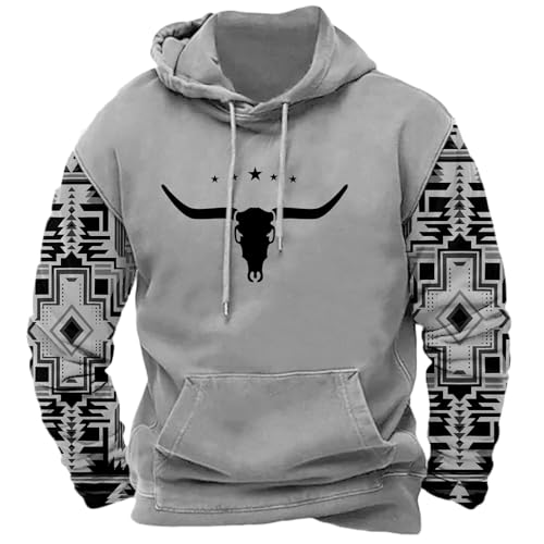 Western Cowboy Hoodies for Men Vintage Aztec Print Oversized Long Sleeve Pullover Hoodies Fall Winter Country Jackets