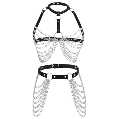 1 Satz Körperkette, Festival Outfit Damen, Gothic Schmuck, Bauchkette, Body Chain Sexy Taillenketten, Punk Leder Truhe Kette Schwarz, Geschichtet BH Ketten Mehrschichtig Körperketten Nachtclub