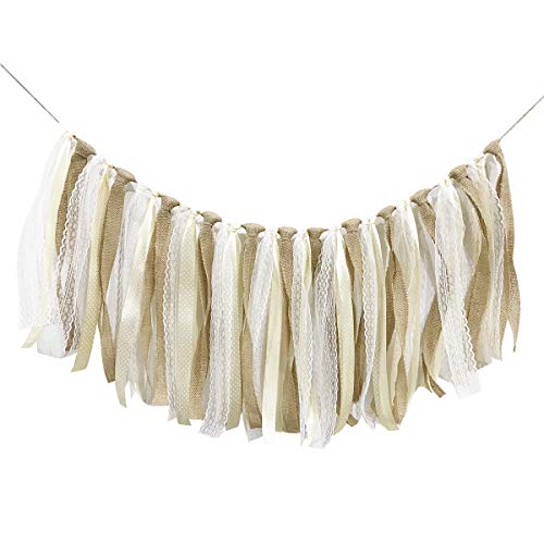 CIEOVO Jute Spitze Band Quaste Girlande Spitze Rig Tie Jute Banner für Babyparty Rustikal Hochzeit Hintergrund Party Decor Shabby Chic Banner Kinderzimmer Foto Requisiten Weiß, Spitzenstoff Cover