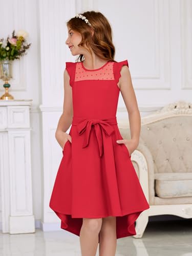 Girls Dress Summer Ruffle Sleeve Mesh A Line Casual Party Dresses Belted Dress with Pockets 5-14 Years2