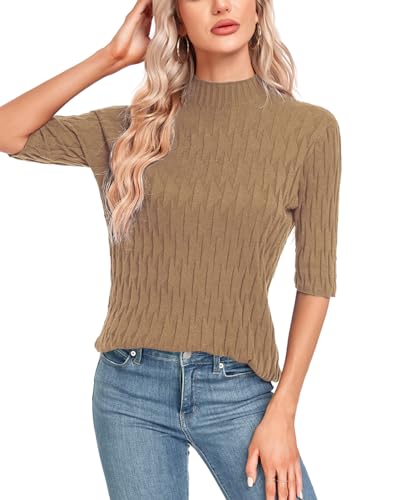 Image of MINTLIMIT Womens Turtleneck Sweaters Short Sleeve 2024 Fall Winter Casual Texture Shirt Blouse Knit Pullover Sweater