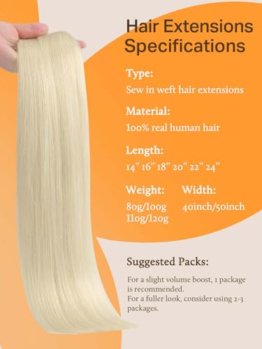 Image of DOORES Sew in Hair Extensions, 18 Inch 100g Platinum Blonde, Remy Human Hair Extensions Sew in Full Head Natural Straight