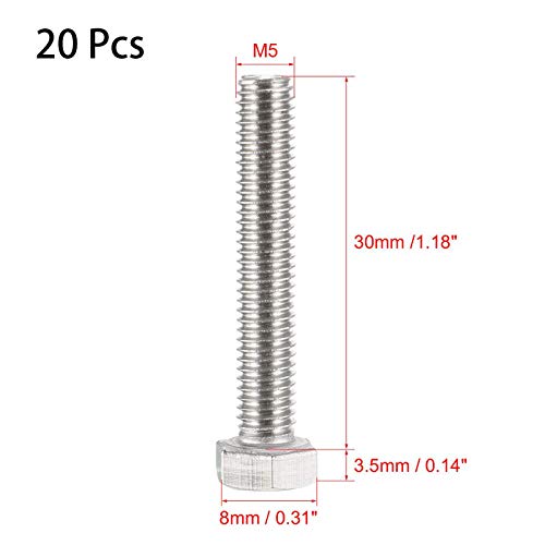Image of 20 Pcs M5 Hex Bolt M5-0.8 x 30mm UNC Hex Head Screw Bolts A2-70(304) Stainless Steel Fully Threaded Hex Tap Bolts,Plain Finish,Fully Threaded (M5 x 30mm)