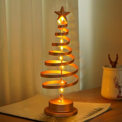 Petit arbre de Noël avec éclairage, décoration de Noël en métal Mini arbre de Noël avec guirlande lumineuse, arbre de Noël de table avec étoile LED, éclairage de Noël moderne (Or B)