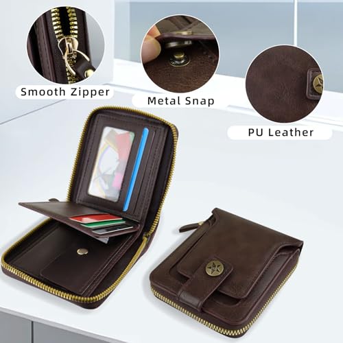 Image of Men Wallet, Vintage PU Leather Multi-Card Zipper Wallet with 8 Card Slots and Coin Pocket Large Capacity Buckle Credit Card Holder Wallet with Zipper (A, Dark Brown)