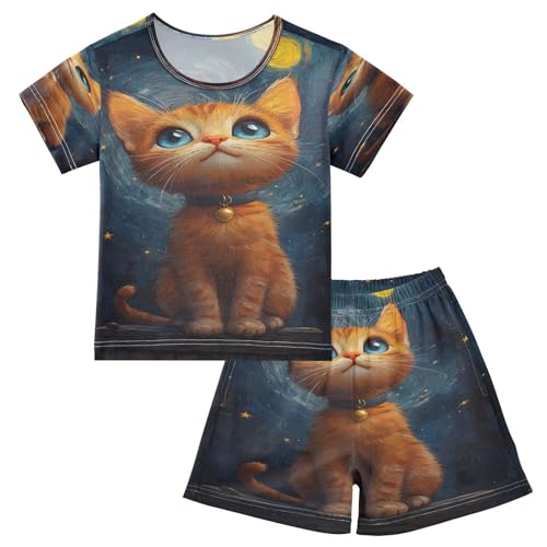 ALAZA Van Gogh Cat Moon Kitten Galaxy Pajamas Set Short Sleeve Cotton Sleepwear Summer Pjs 2 Piece 5-14Y