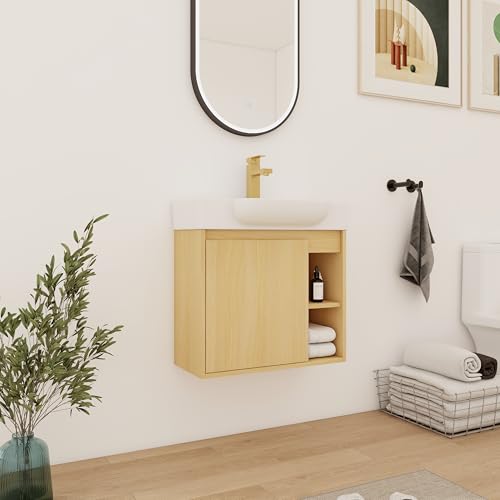 ARTCHIRLY 24" Wall-Mounted Bathroom Vanity with Ceramic Sink, 24 inch Floating Single Sink Vanity Cabinet Modern Brown 1-Door Design with Storage Shelf (Space-Saving for Small Bathrooms), Light-Oak