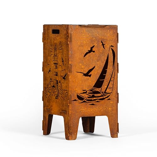 D&L Lasertec Tonneau à feu en acier de 3 mm avec voilier, grille de cuisson, décoration patinée pour le jardin, bol de barbecue