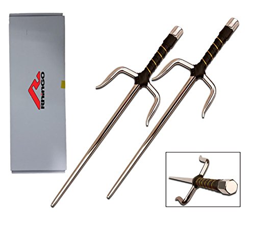 Rhingo Martial Arts Stainless Steel Sai Chrome Black with Leather Wrapped Handle (Chrome, 18 INCH)