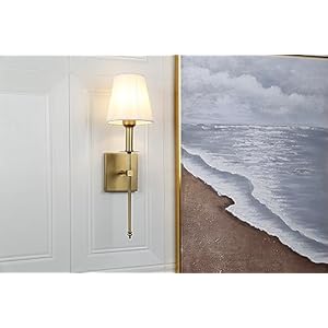 PERMO Single Classic Rustic Industrial Wall Sconce Lighting Fixture with Flared White Textile Lamp Shade and Antique Brass Tapered Column Stand,Hardwired,E26 Base PERMO Single Classic Rustic Industrial Wall Sconce Lighting Fixture with Flared White Textile Lamp Shade and Antique Brass Tapered Column StandHardwiredE26 Base