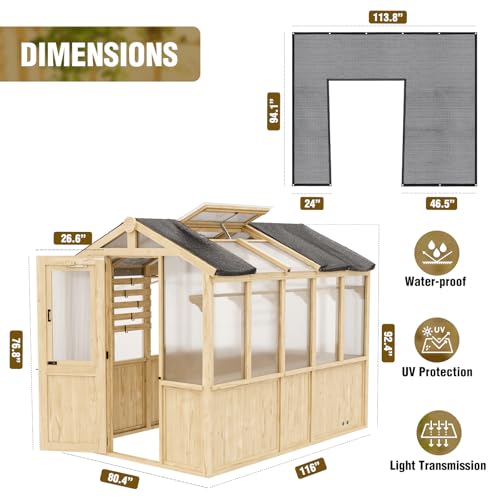 Image of EAGLE PEAK 6.7x9.7x7.7 ft Wood and Polycarbonate Walk-in Greenhouse, Cedar Hobby Green House with 2 Roof Vents, Mesh Cover Included, Natural