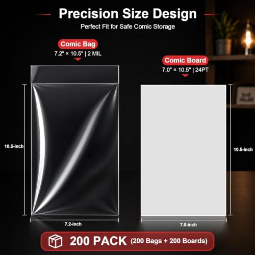 Image of KKU 200 Count Comic Book Bags and Boards, Crystal Clear Acid Free Comic Bags and Boards, Comic Book Storage for Comics